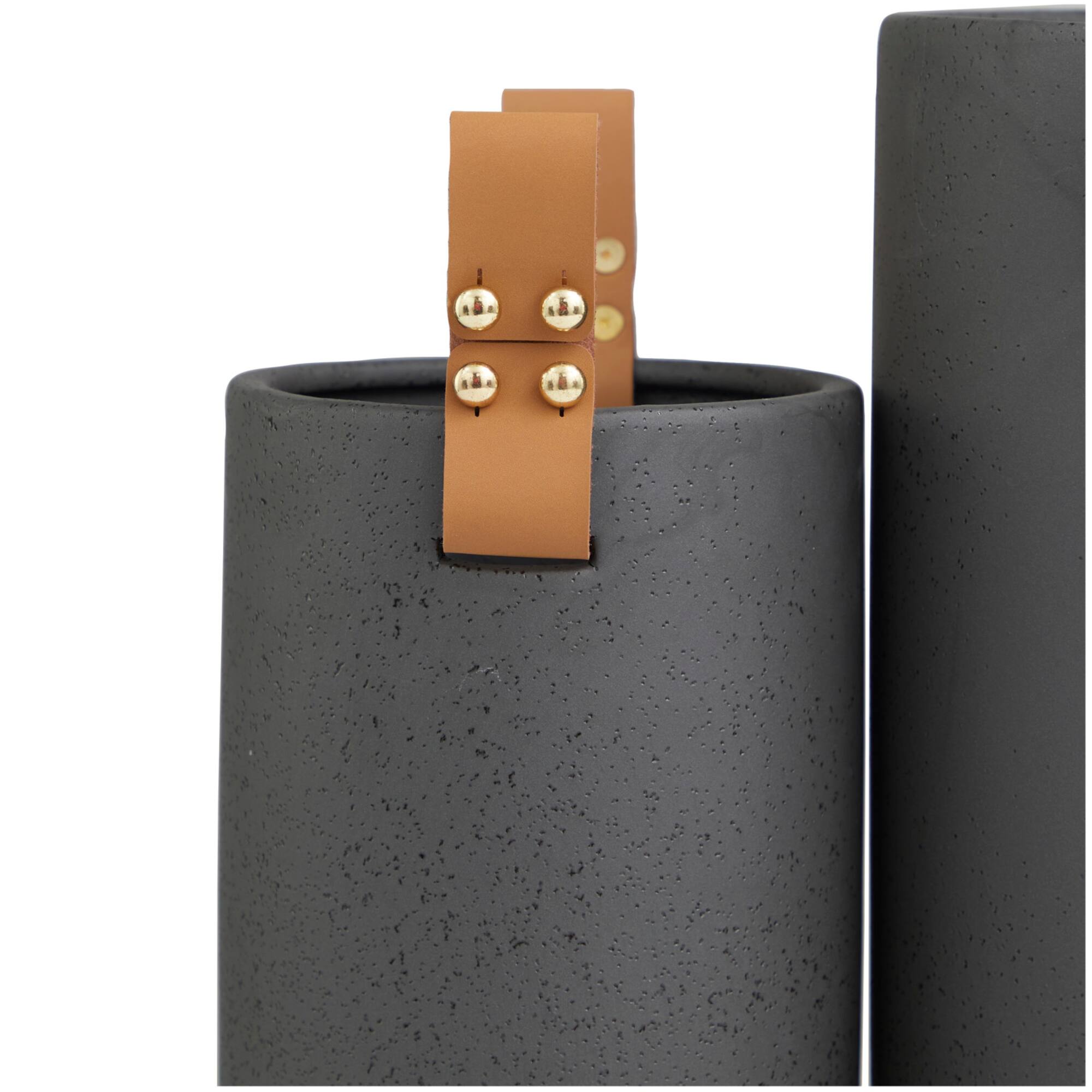 Black Ceramic Vase with Faux Leather Handles Set